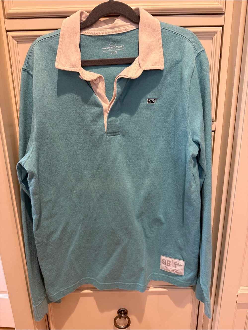 Boys SZ L Vineyard Vines Aqua Long-Sleeve Rugby Polo with white Collar